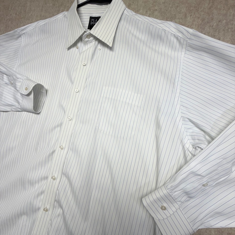 Jos. A. Bank Dress Shirt Mens 18.5 35 White Blue Pinstripe Traveler Traditional
